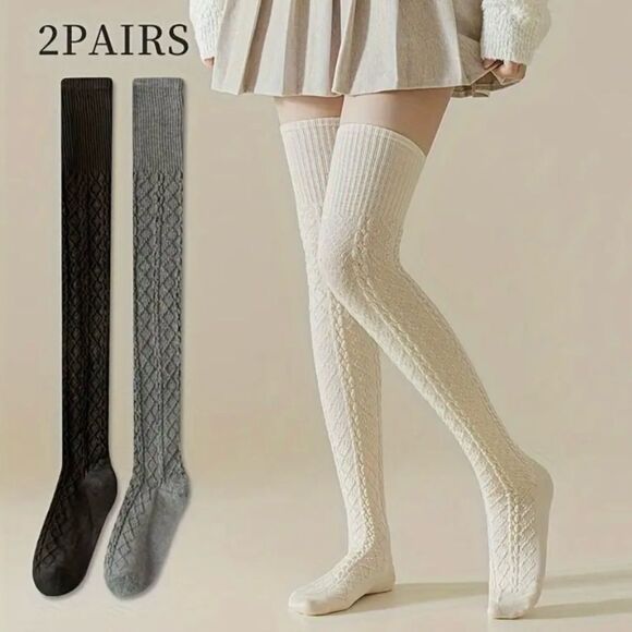 2 Pairs Of Wool Knee-high Socks - Picture 1 of 8